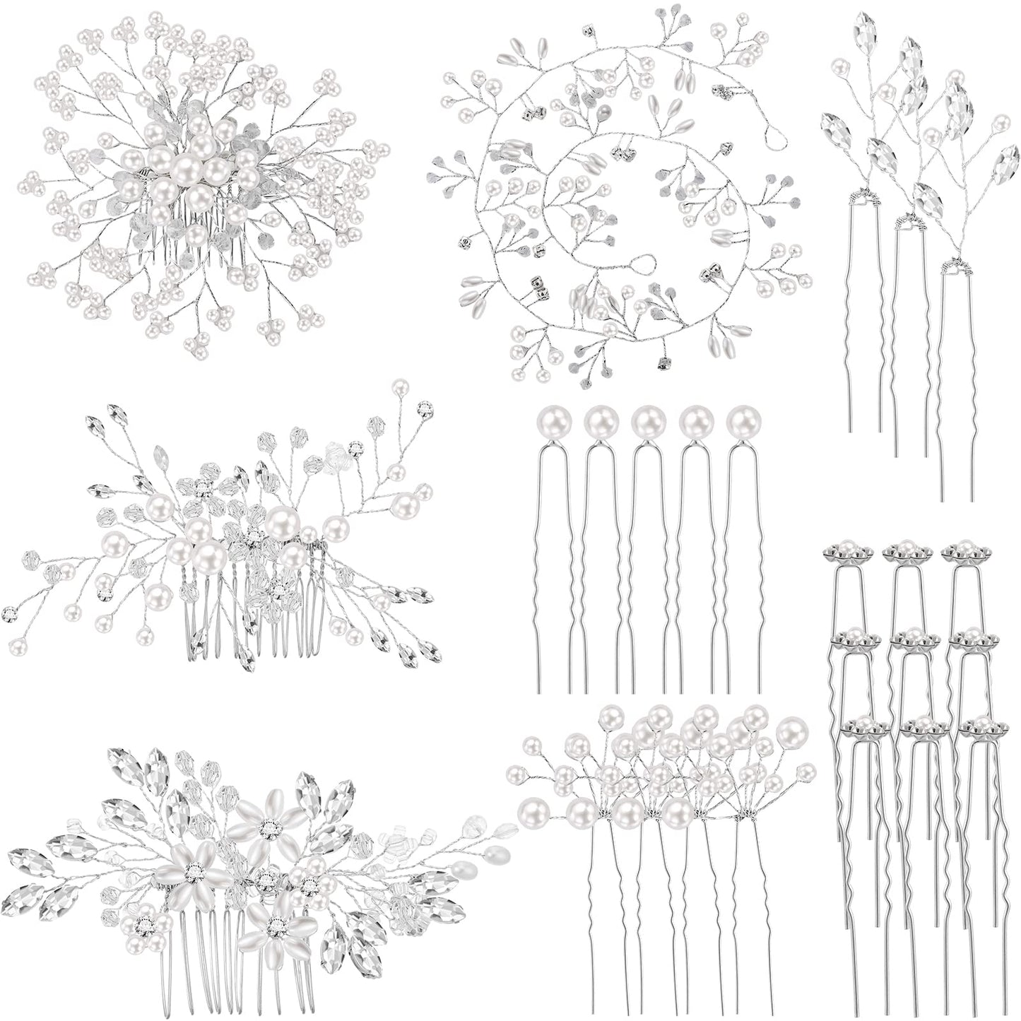 Maitys 44 Pieces Wedding Hair Accessories Faux Pearl Crystal Comb Clips U-shaped Flower Rhinestone Silver Pearl Hair Pieces for Prom Bride Bridesmaid(Delicate Style)