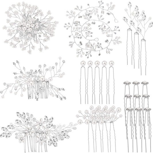 Maitys 44 Pieces Wedding Hair Accessories Faux Pearl Crystal Comb Clips U-shaped Flower Rhinestone Silver Pearl Hair Pieces for Prom Bride Bridesmaid(Delicate Style)