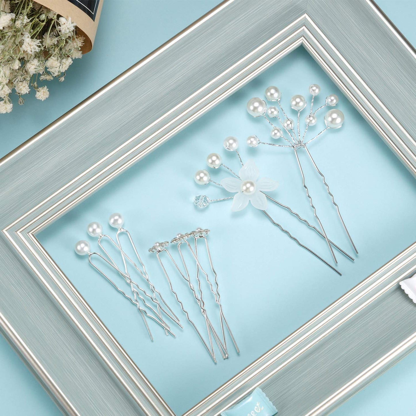 Maitys 44 Pieces Wedding Hair Accessories Faux Pearl Crystal Comb Clips U-shaped Flower Rhinestone Silver Pearl Hair Pieces for Prom Bride Bridesmaid(Delicate Style)