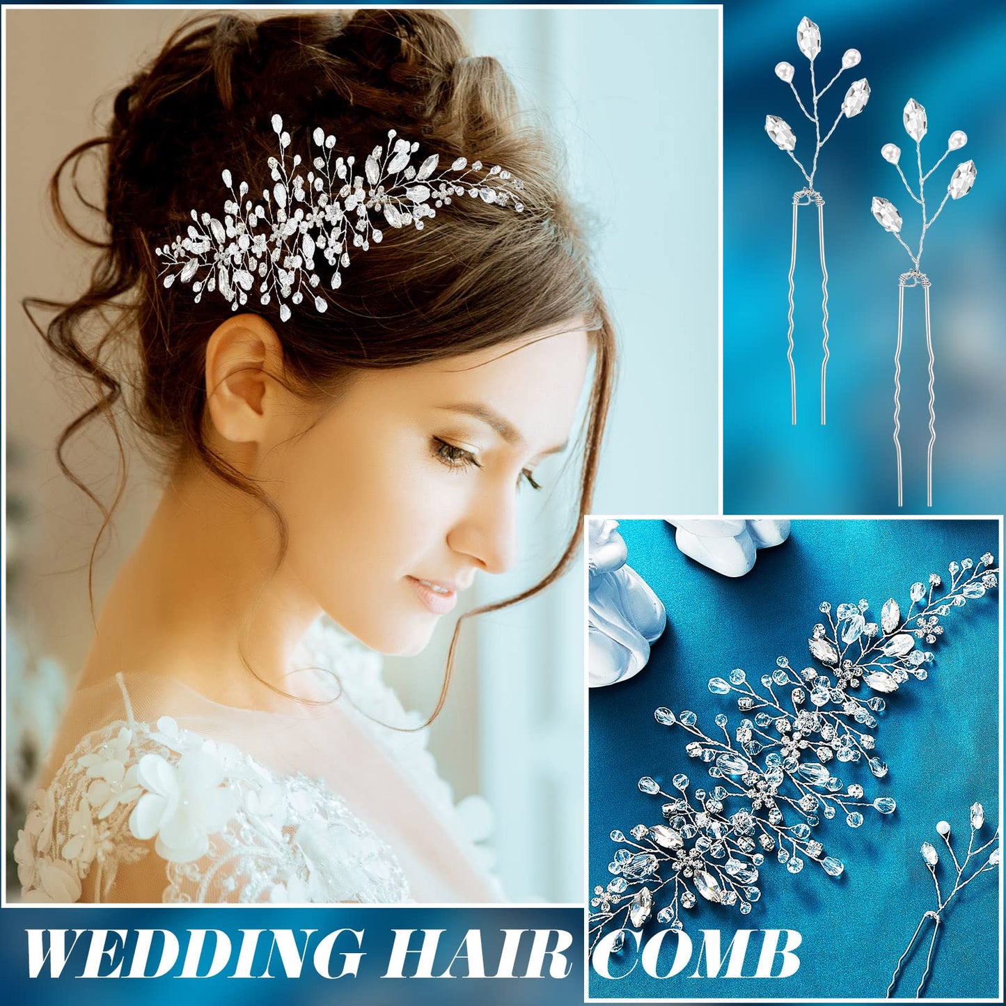 Maitys 44 Pieces Wedding Hair Accessories Faux Pearl Crystal Comb Clips U-shaped Flower Rhinestone Silver Pearl Hair Pieces for Prom Bride Bridesmaid(Delicate Style)
