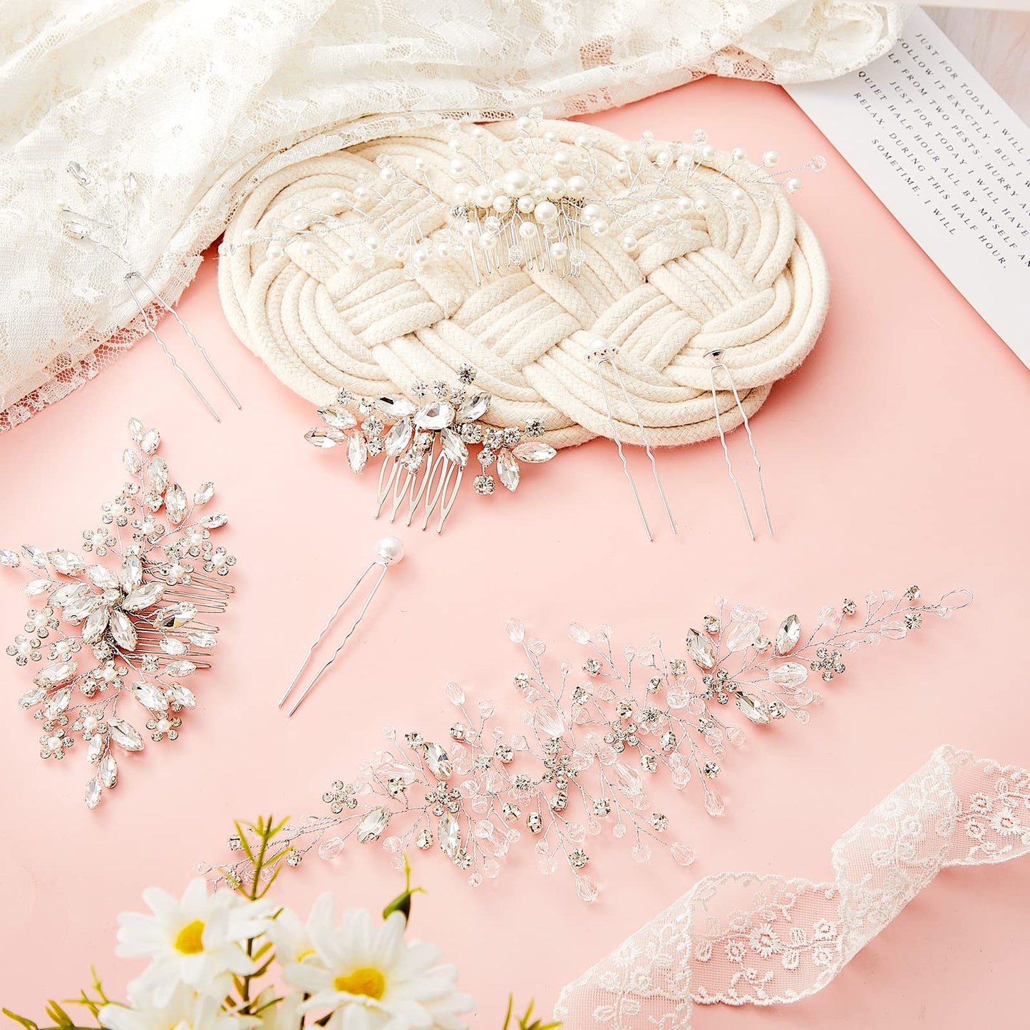 Maitys 44 Pieces Wedding Hair Accessories Faux Pearl Crystal Comb Clips U-shaped Flower Rhinestone Silver Pearl Hair Pieces for Prom Bride Bridesmaid(Delicate Style)